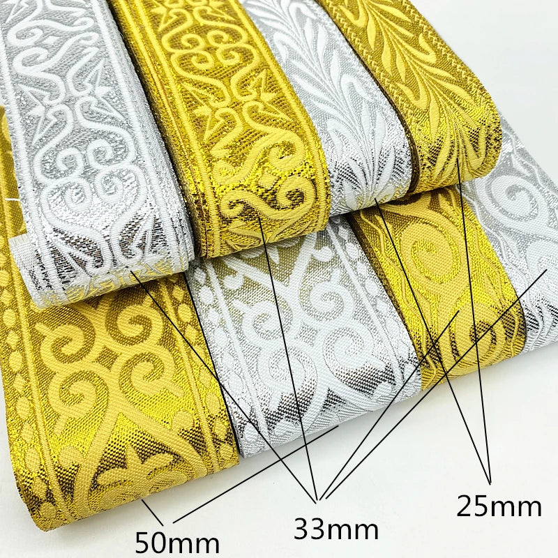 7 Yards / Gold Silver Ethnic Embroidery Lace Ribbon