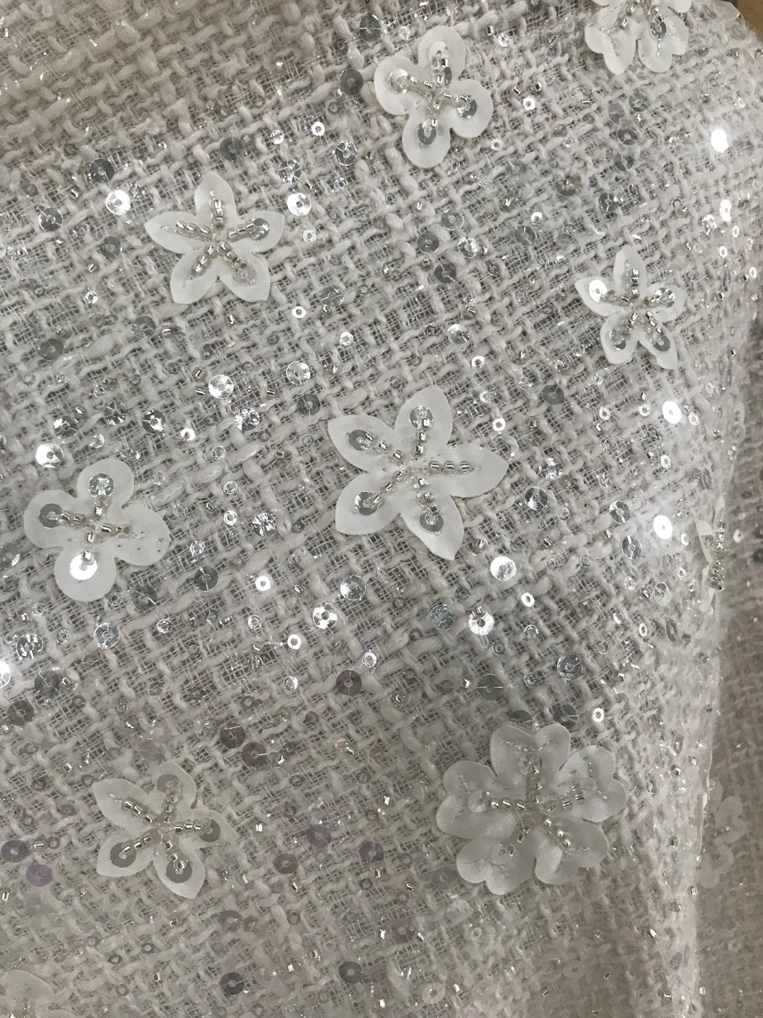 5 YARDS / Roalsie White Floral Beaded Embroidery Glitter Mesh Lace  Party Prom Bridal Dress Fabric
