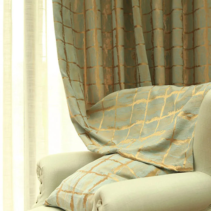 Drappeggi su misura jacquard geometrici con reticolo blu oro 