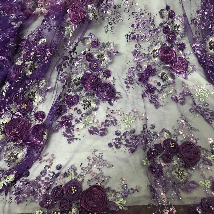 5 YARDS / Andremeli Purple Floral Sequin Beaded Embroidery Tulle Mesh Lace Dress Fabric