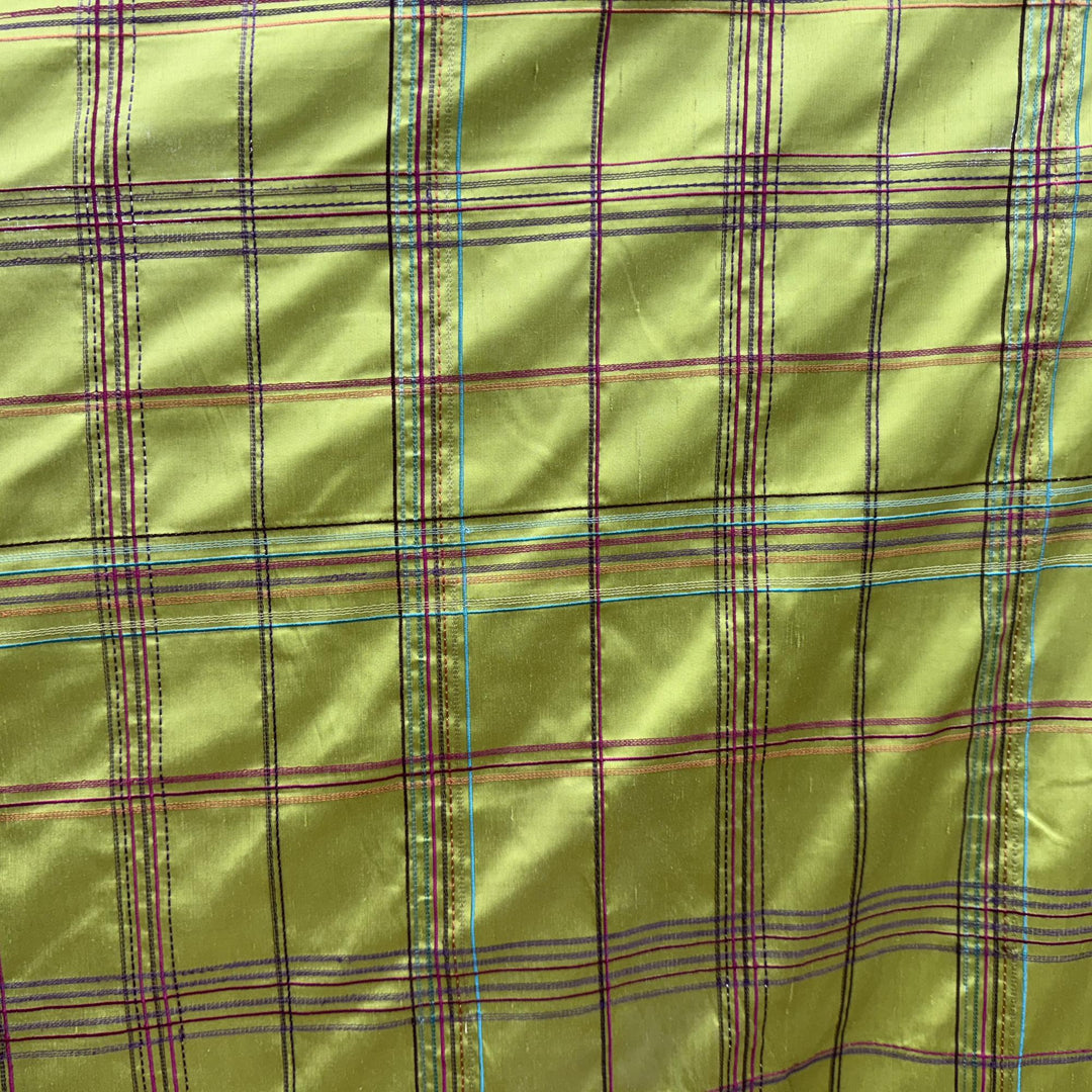 Oravelle Multi-Colored Stripe Plaid Silk Fabric in Chartreuse