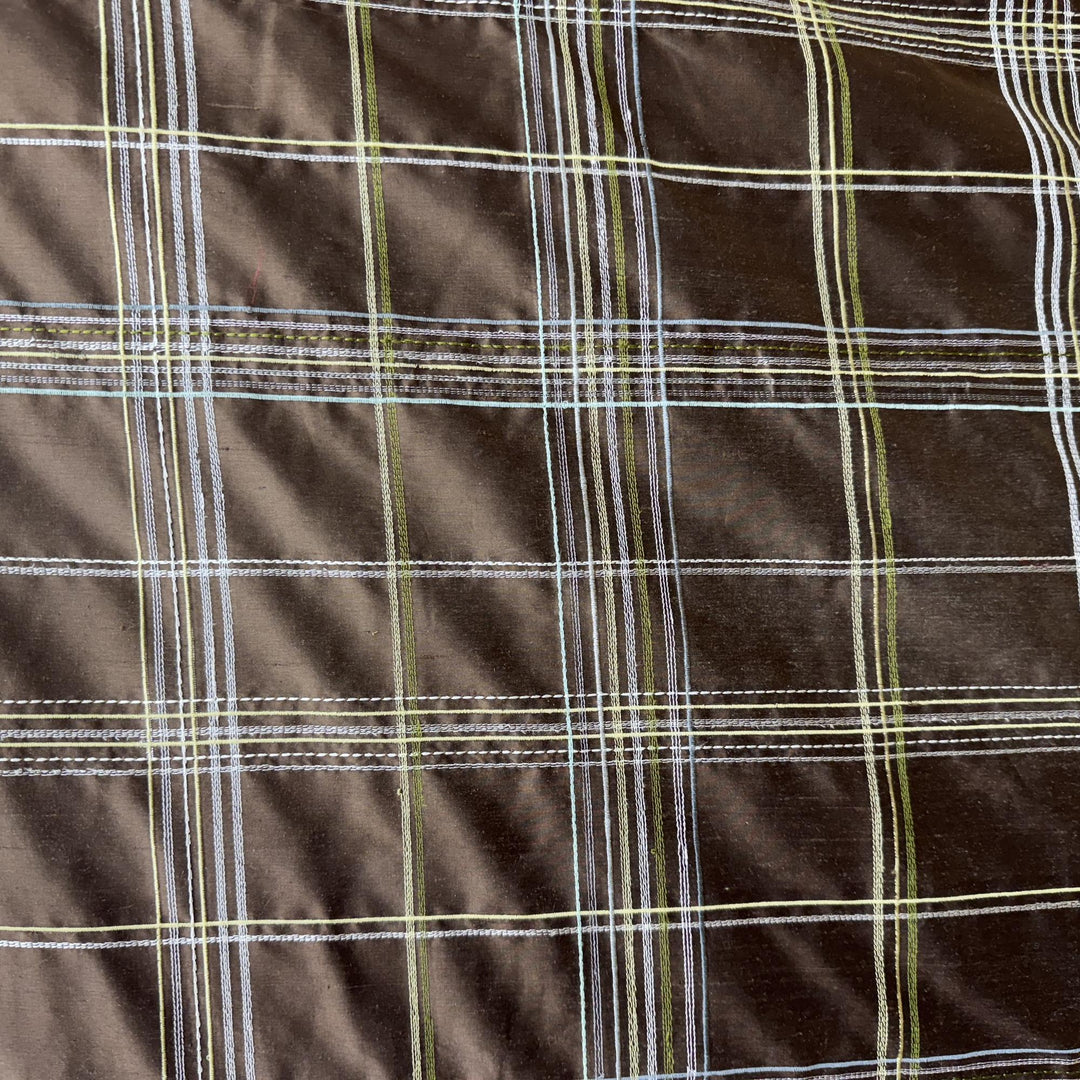 Oravelle Multi-Colored Stripe Plaid Silk Fabric in Truffle