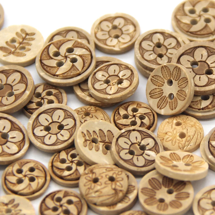 Casiex 30pcs Mixed Flower Carved Wooden Button - 30 PC