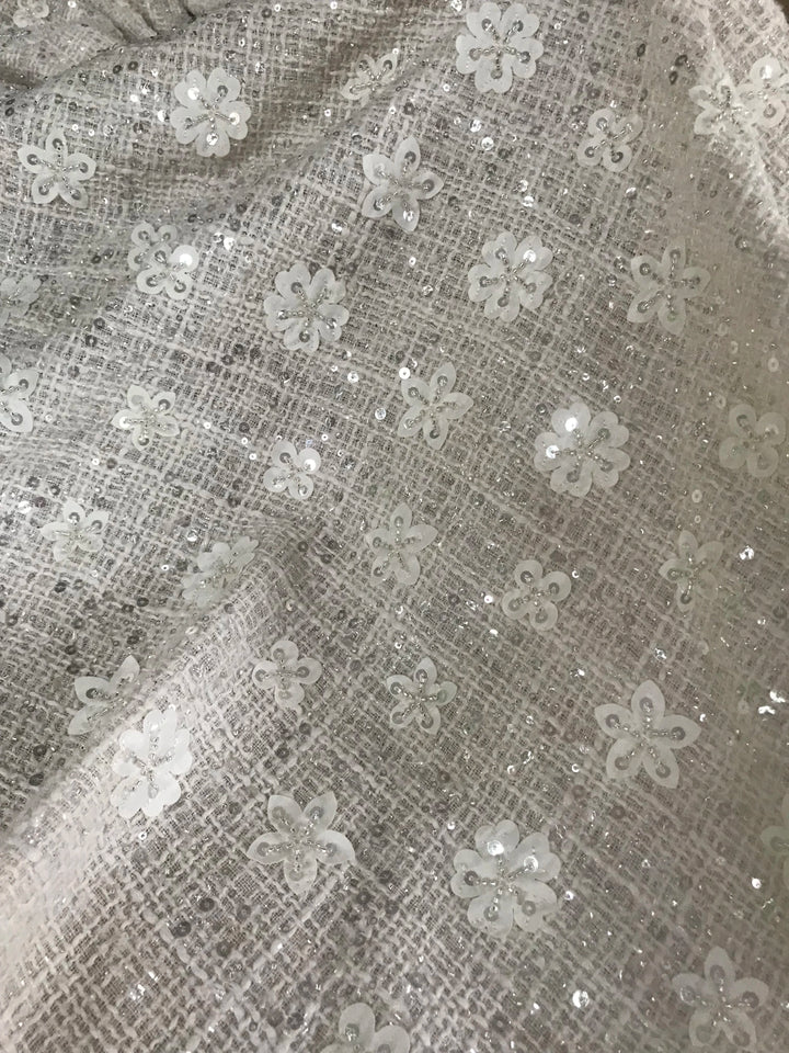 5 YARDS / Roalsie White Floral Beaded Embroidery Glitter Mesh Lace  Party Prom Bridal Dress Fabric