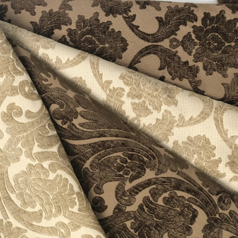 Solace Beige Two Tone Large Damask Flower Chenille Fabric