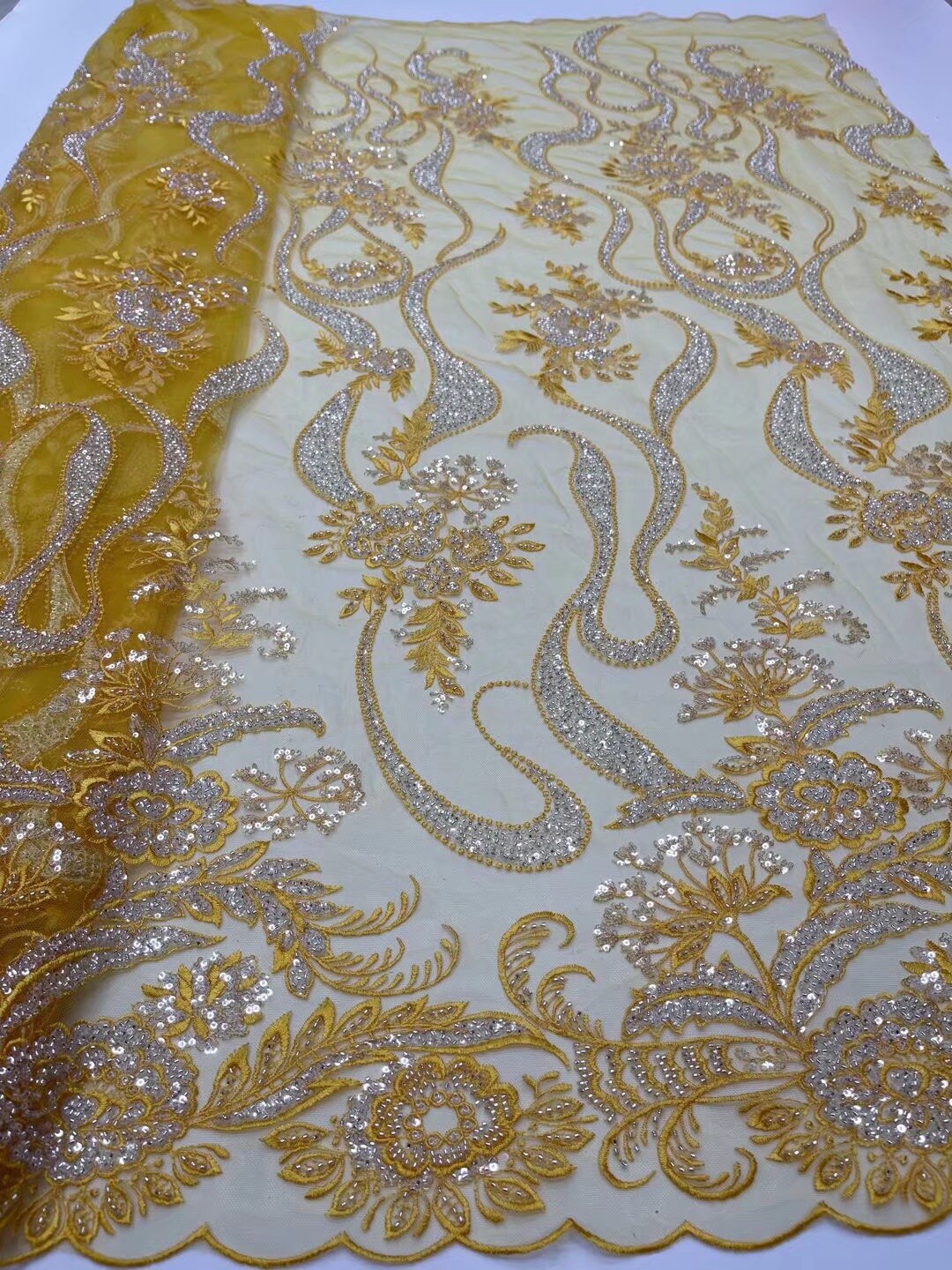 5 YARDS / 17 COLORI / Tessuto per abiti da festa di nozze in pizzo scintillante con ricami di perline e paillettes Naël
