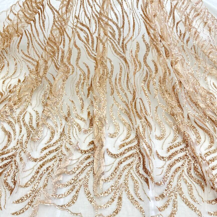 Rose Gold Aude Scroll Sequin Beaded Glitter Embroidery Mesh Lace Wedding Party Dress Fabric