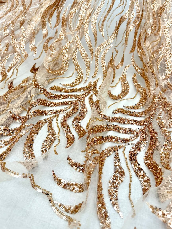 Rose Gold Aude Scroll Sequin Beaded Glitter Embroidery Mesh Lace Wedding Party Dress Fabric
