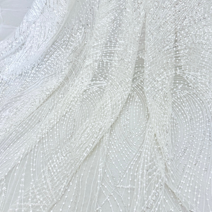 5 YARDS / Abstrait Blanc Clair Réfléchissant Paillettes Géométrique Broderie Maille Dentelle / Robe Tissu 