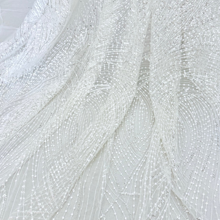 5 YARDS / Abstrait Blanc Clair Réfléchissant Paillettes Géométrique Broderie Maille Dentelle / Robe Tissu 