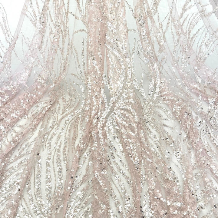 5 YARDS / Light Pink Asmor Sequin Abstract Lines Beaded Embroidery Tulle Mesh Lace Fabric
