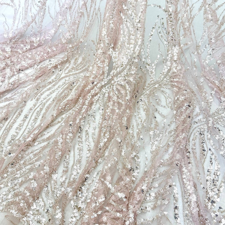 5 YARDS / Light Pink Asmor Sequin Abstract Lines Beaded Embroidery Tulle Mesh Lace Fabric