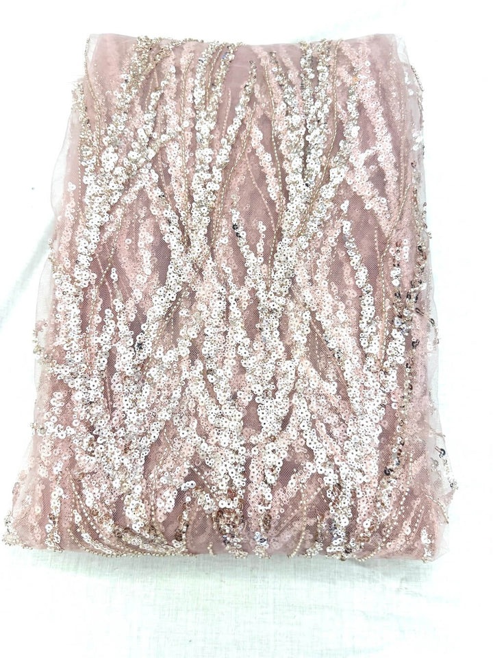 5 YARDS / Light Pink Asmor Sequin Abstract Lines Beaded Embroidery Tulle Mesh Lace Fabric