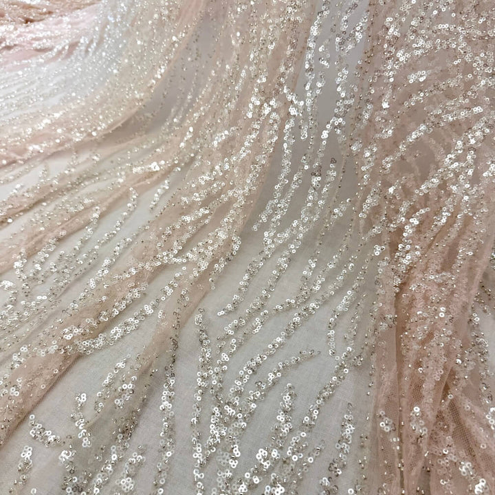 5 YARDS / BALTAZAR Peach Pink Sequin Beaded Embroidery Glitter Mesh Dress Lace Fabric