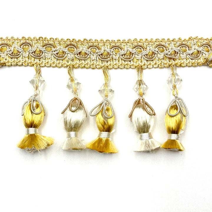 24 YARDS / Amalfino 3" Beaded Tassel Fringe Trim Gold Ivory