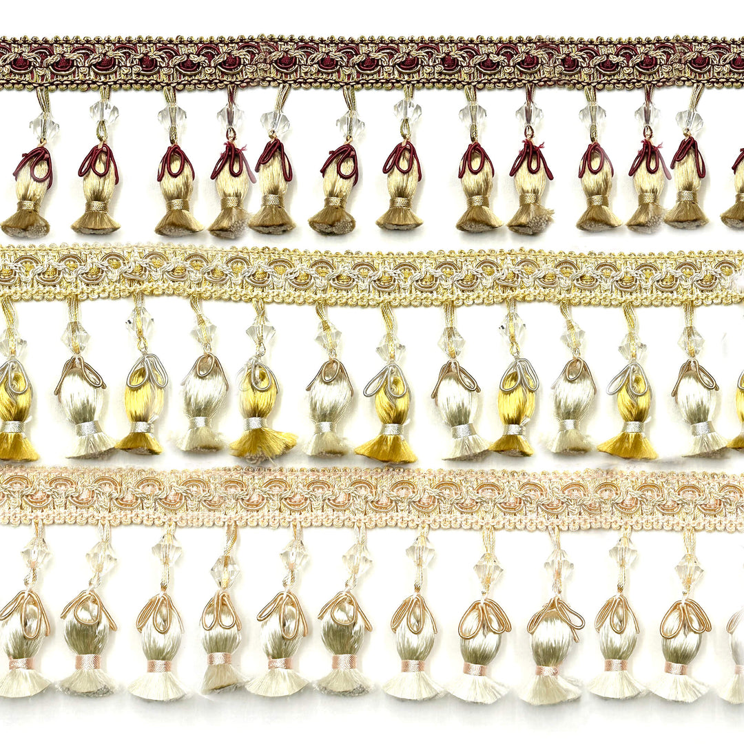 24 YARDS / Amalfino 3" Beaded Tassel Fringe Trim Gold Ivory