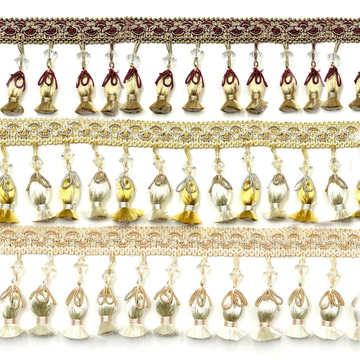 24 YARDS / Amalfino 3" Beaded Tassel Fringe Trim Gold Ivory