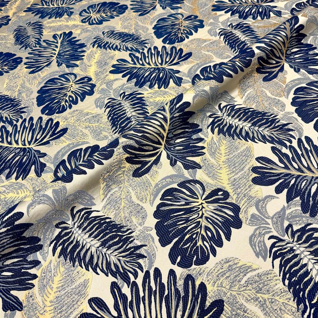 108" Wide LUNA Navy Blue Gold Large Floral Design Jacquard Fabric
