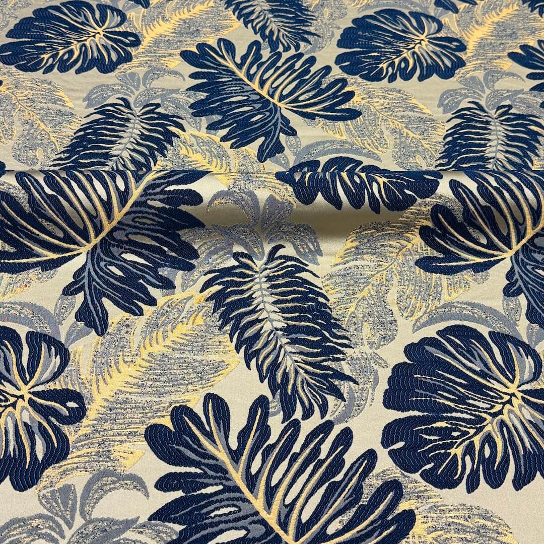 108" Wide LUNA Navy Blue Gold Large Floral Design Jacquard Fabric