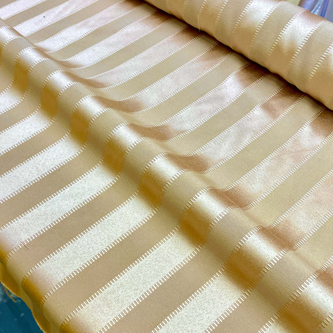Soft Sheen Golden Brown Striped Pattern on Beige Jacquard Fabric