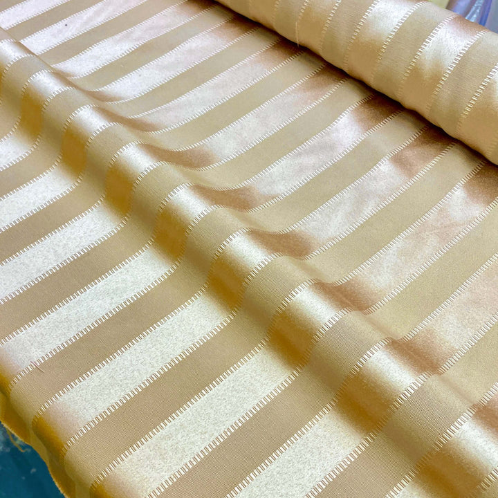 Soft Sheen Golden Brown Striped Pattern on Beige Jacquard Fabric