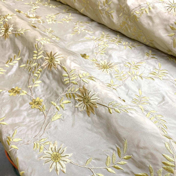 Ivory Floral Embroidery Faux Taffeta Silk Fabric