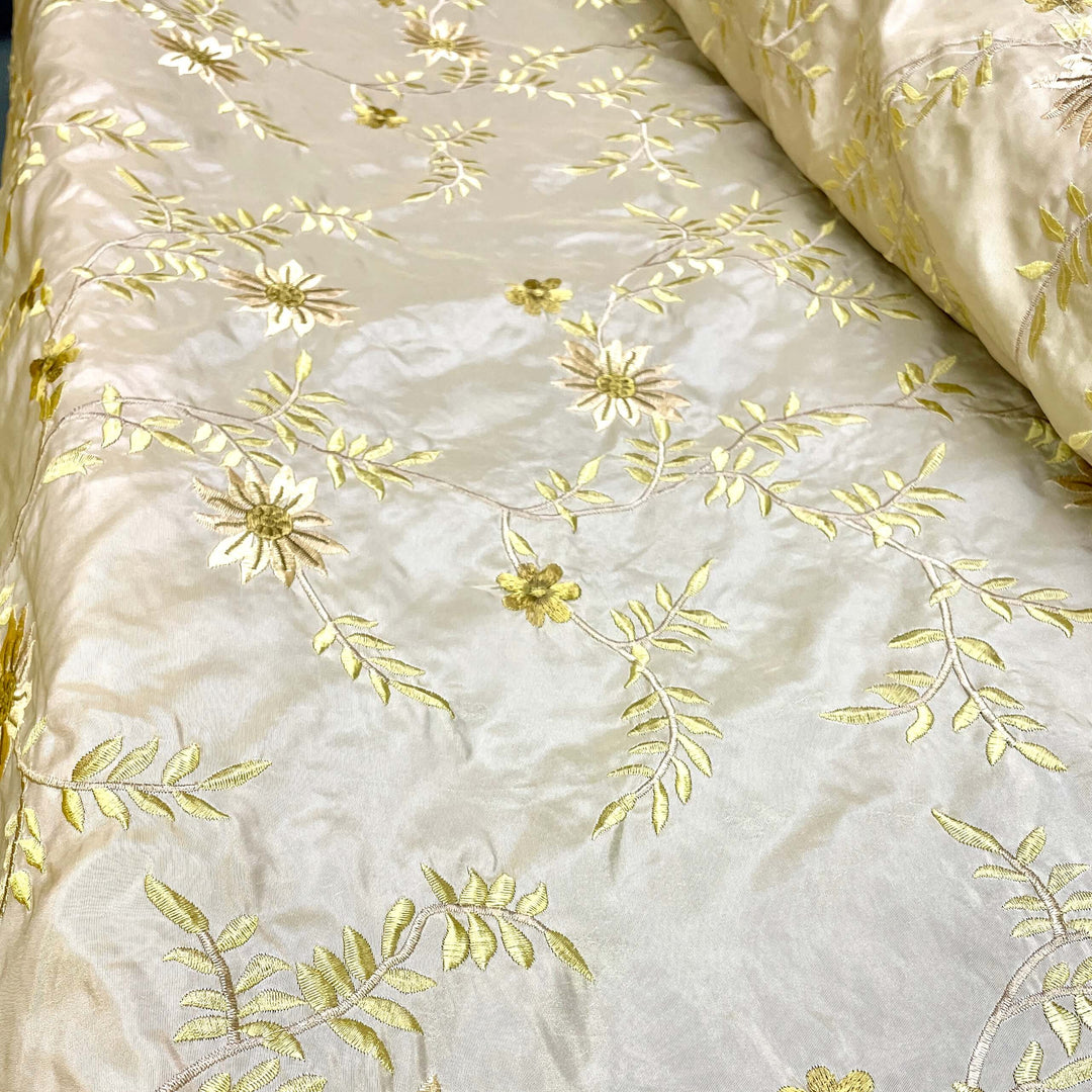 Ivory Floral Embroidery Faux Taffeta Silk Fabric