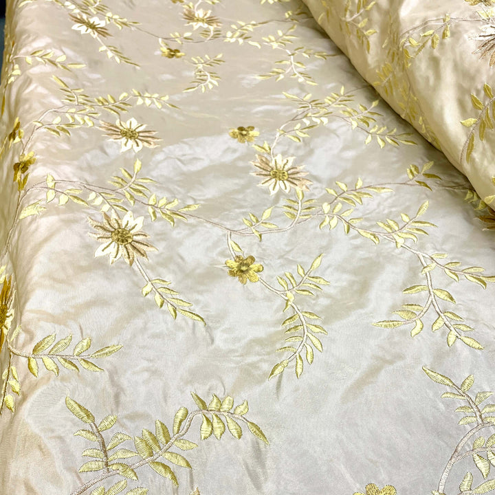 Ivory Floral Embroidery Faux Taffeta Silk Fabric