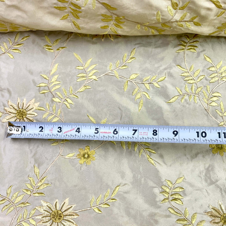 Ivory Floral Embroidery Faux Taffeta Silk Fabric