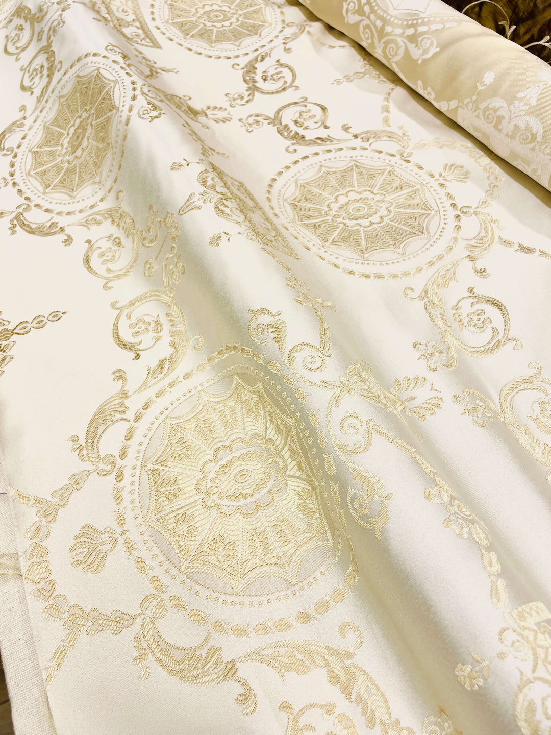Ivory Gold Classic Medallion Jacquard Fabric