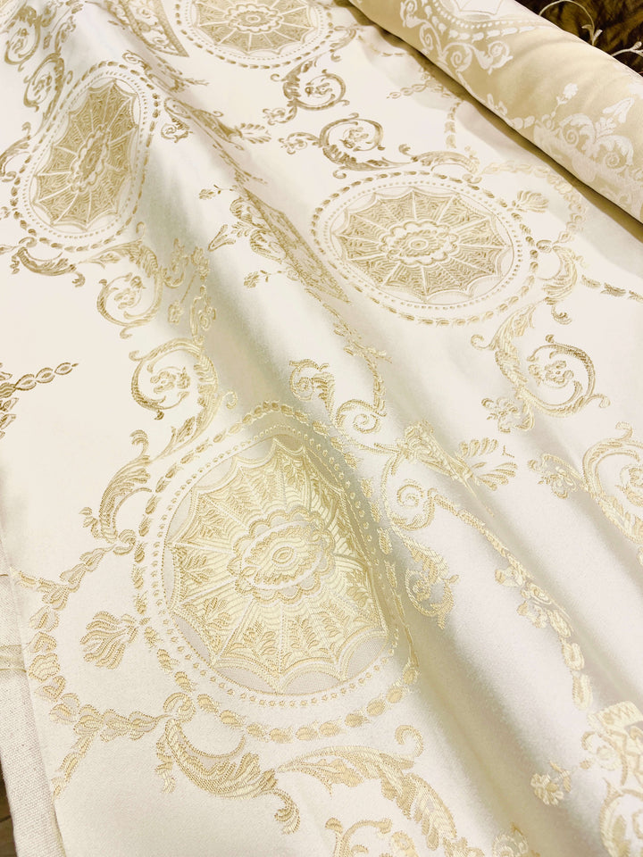 Ivory Gold Classic Medallion Jacquard Fabric