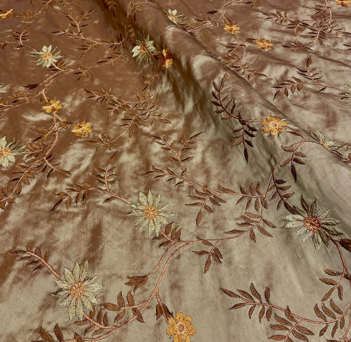 Brown Floral Embroidery Faux Taffeta Silk Fabric