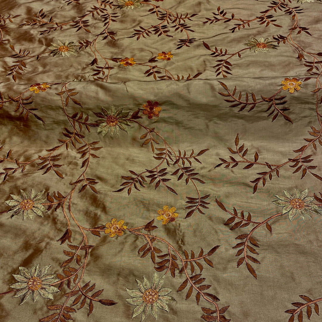 Brown Floral Embroidery Faux Taffeta Silk Fabric