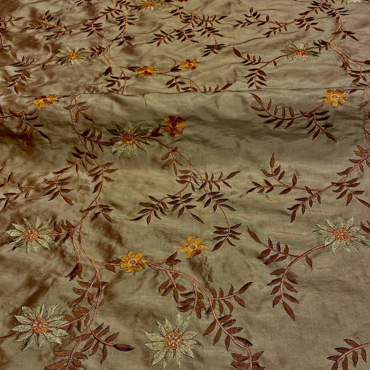 Brown Floral Embroidery Faux Taffeta Silk Fabric