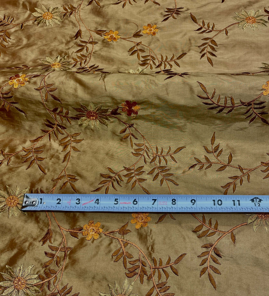 Brown Floral Embroidery Faux Taffeta Silk Fabric