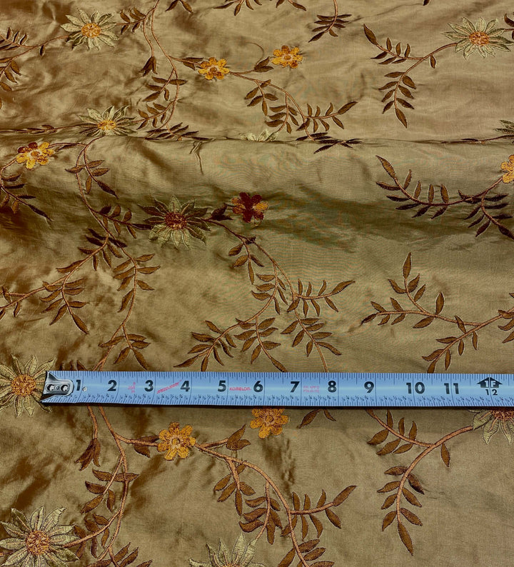 Brown Floral Embroidery Faux Taffeta Silk Fabric