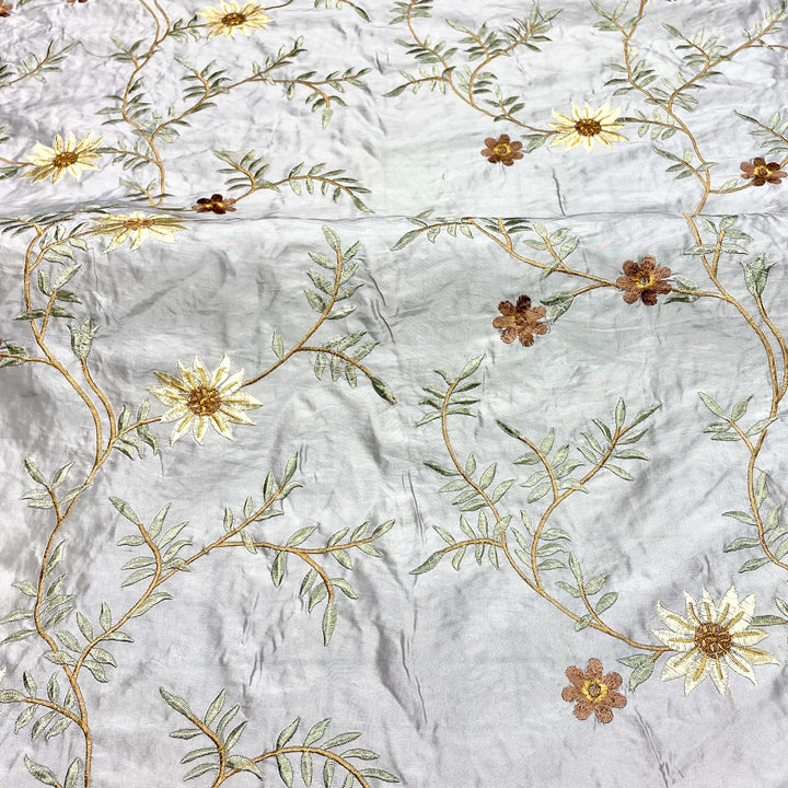 Grey Floral Embroidery Faux Taffeta Silk Fabric