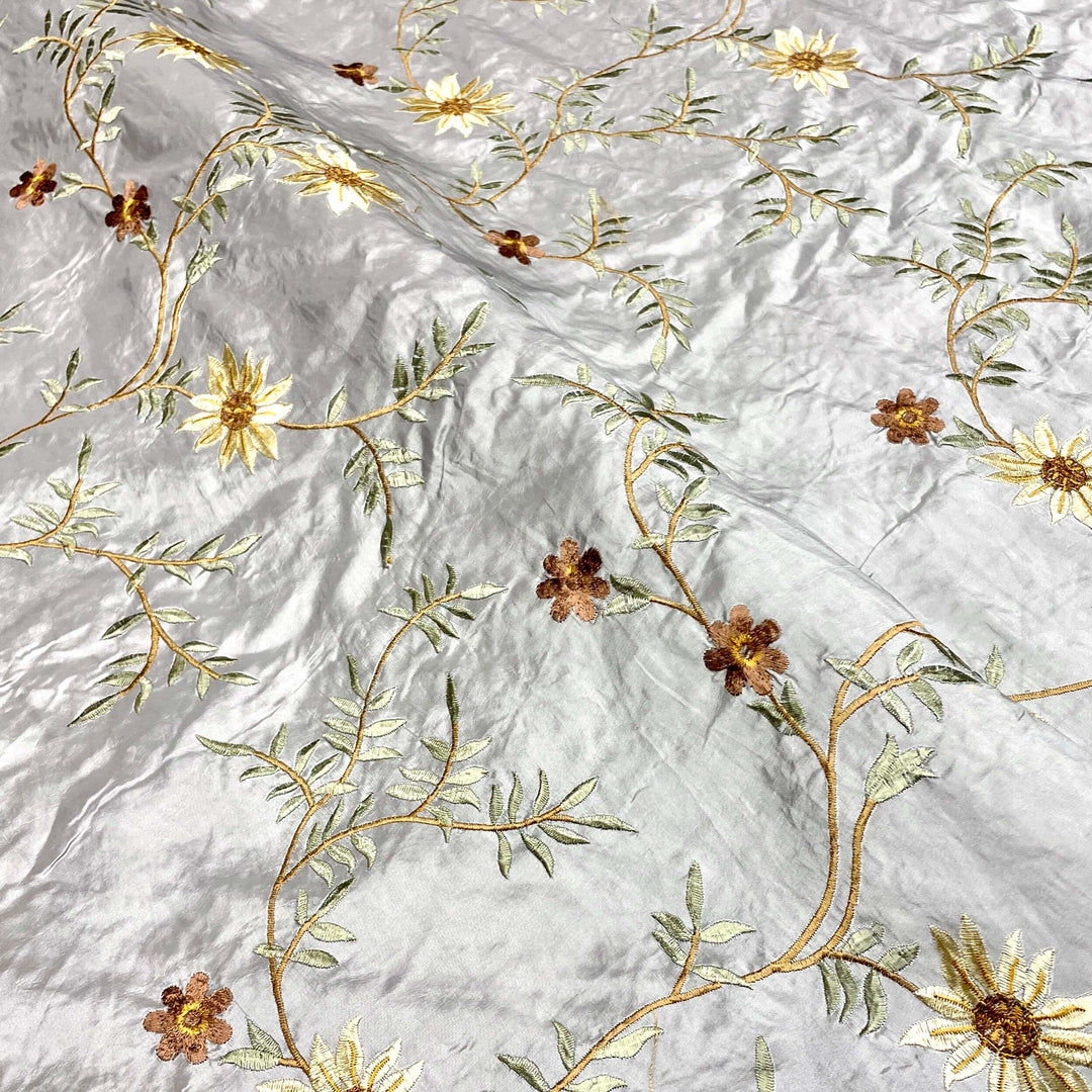 Grey Floral Embroidery Faux Taffeta Silk Fabric
