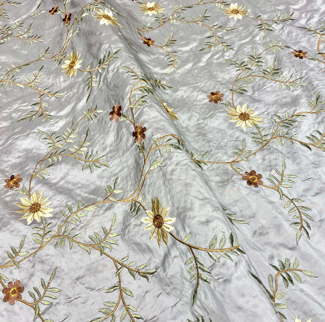 Grey Floral Embroidery Faux Taffeta Silk Fabric