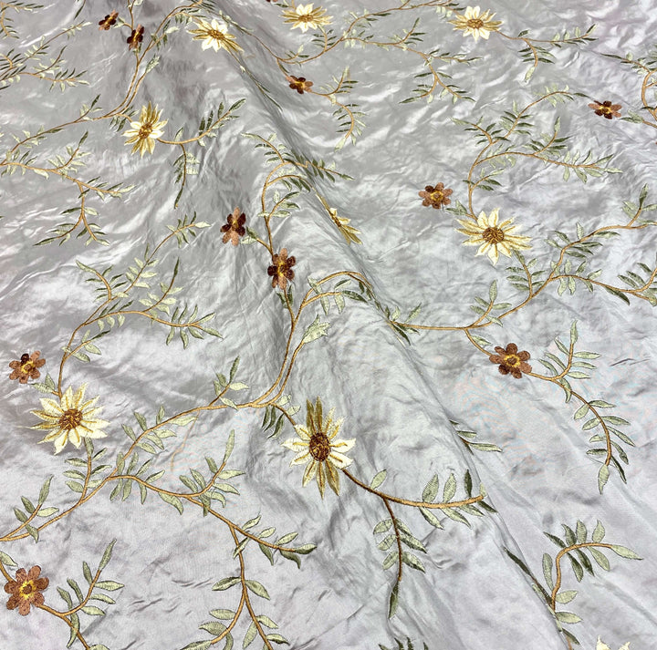 Grey Floral Embroidery Faux Taffeta Silk Fabric