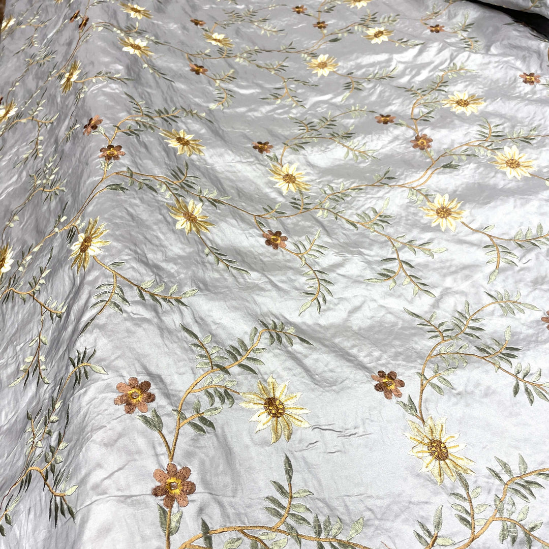 Grey Floral Embroidery Faux Taffeta Silk Fabric