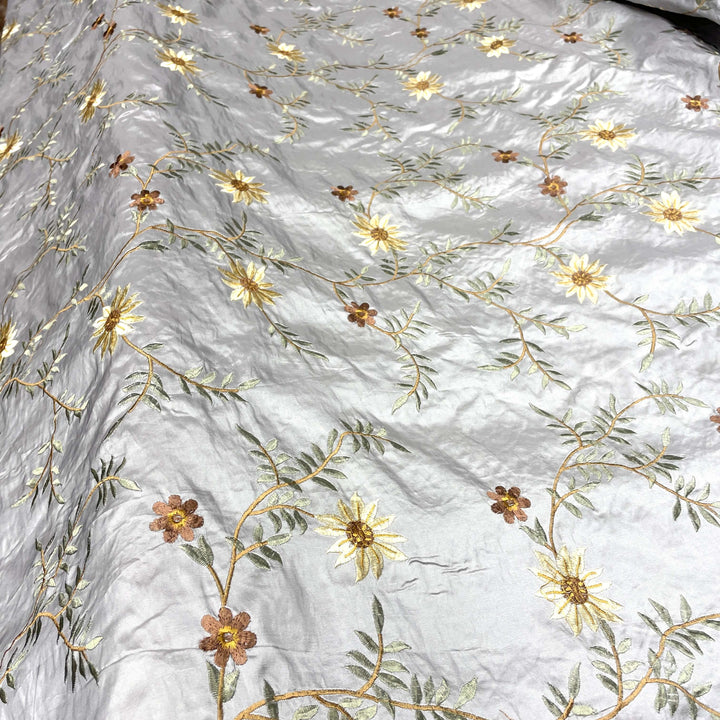 Grey Floral Embroidery Faux Taffeta Silk Fabric
