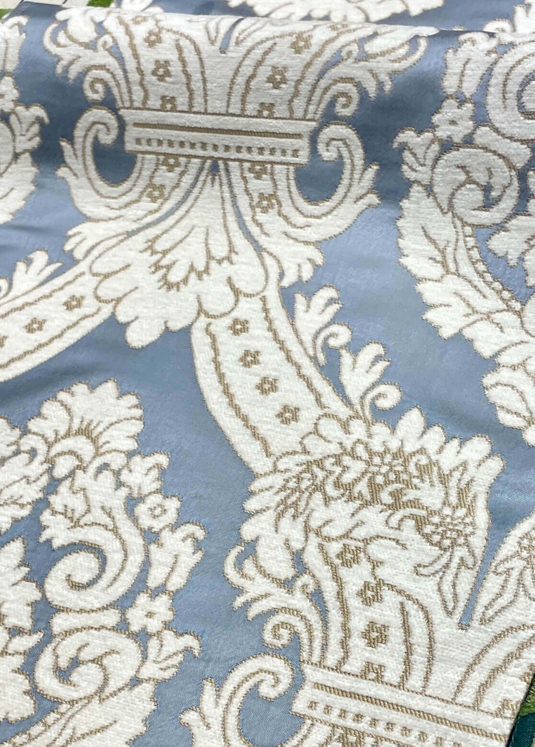 110" TENOR Slate Blue Gray Beige Brown Classic Contrasting Damask Velvet Fabric