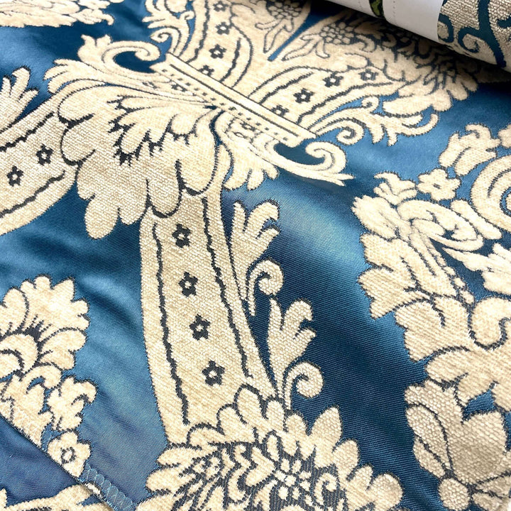 110" TENOR Royal Blue Brown Classic Contrasting Damask Velvet Fabric