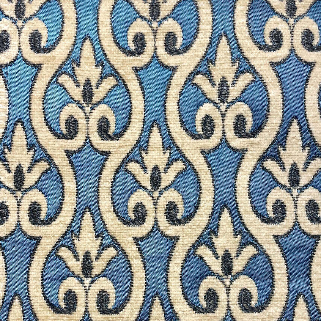 110" NORMANDY Royal Blue Brown Classic Contrasting Damask Velvet Fabric