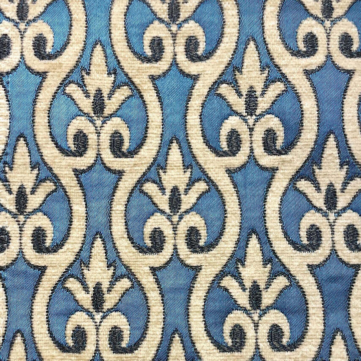 110" NORMANDY Royal Blue Brown Classic Contrasting Damask Velvet Fabric