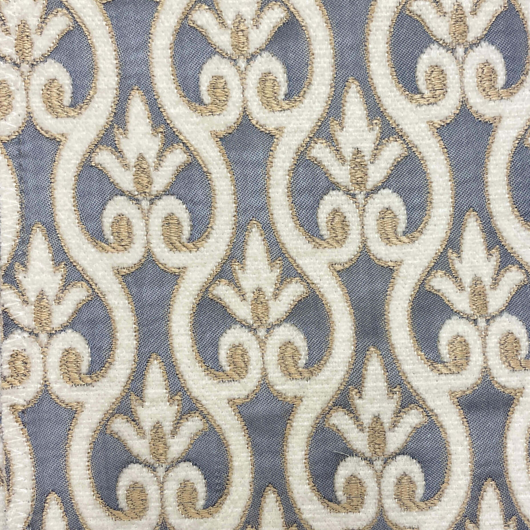 110" NORMANDY Slate Blue Gray Beige Brown Classic Contrasting Damask Velvet Fabric