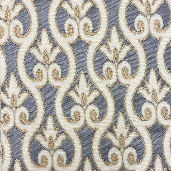 110" NORMANDY Slate Blue Gray Beige Brown Classic Contrasting Damask Velvet Fabric