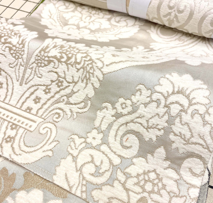 110" TENOR Beige Gray Classic Contrasting Damask Velvet Fabric