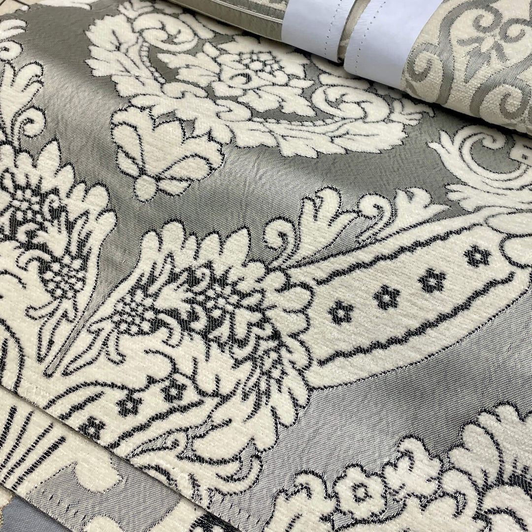 110" TENOR Pewter Silver Gray Beige Classic Contrasting Damask Velvet Fabric